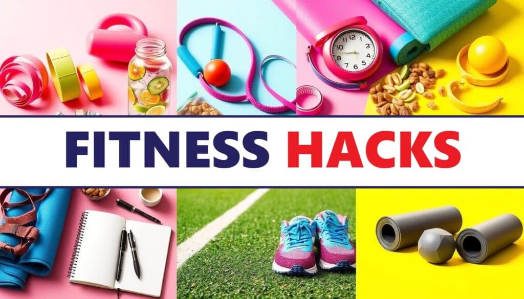 Fitness Hacks: workout gear, water bottle, healthy snacks and running shoes